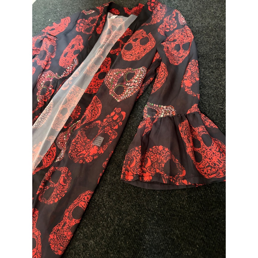 Nextmia Red Black Sugar Skull Print Sheer Kimono Cardigan Bell Sleeve 2XL - Picture 2 of 4